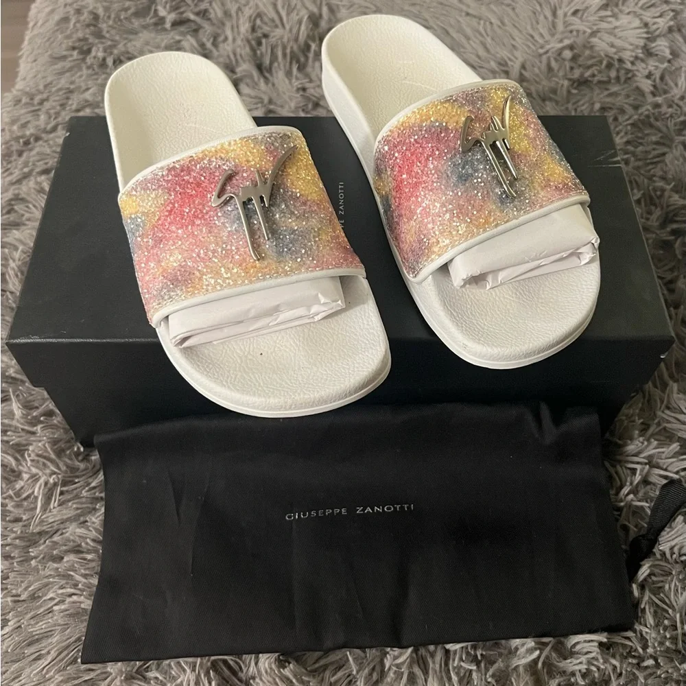 Giuseppe Zanotti White Multicolor Glitter Brett Slides Size 40